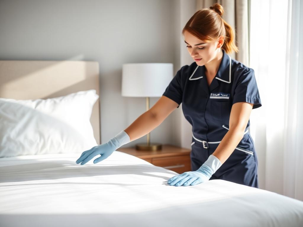 Housekeeper smoothing bedsheets